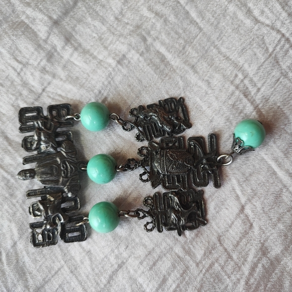 Asian Inspired Ethnic Faux Green Turquoise Metal Buddha Brooch Pewter Tone EUC - Picture 8 of 9